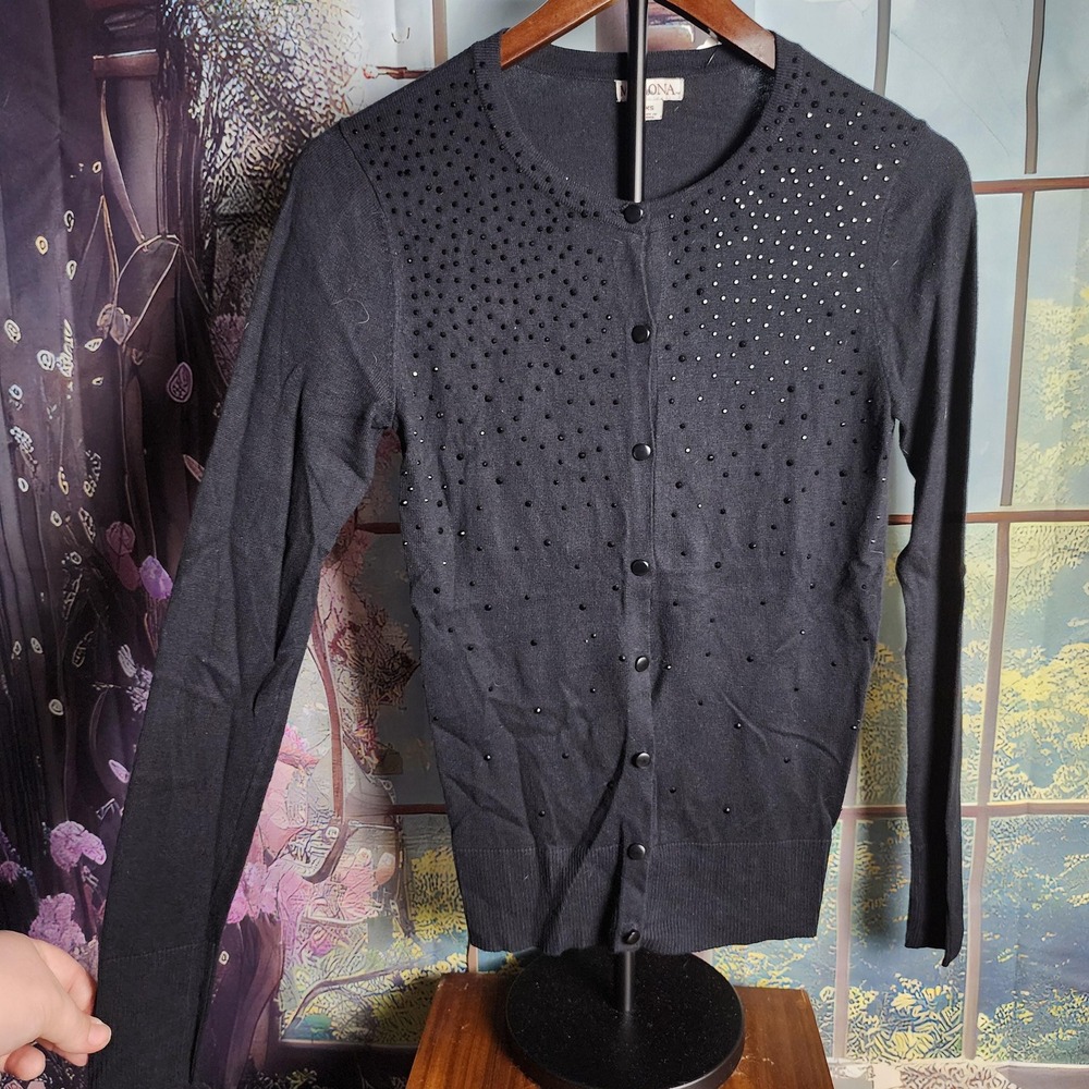 Merona Womens XS Black Embellished Long Sleeve Button Up‎ Cardigan Sweater